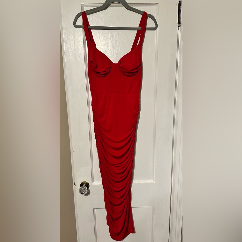 Brand new with tags - red dress, sexy, fitted, flattering ruching and stretch